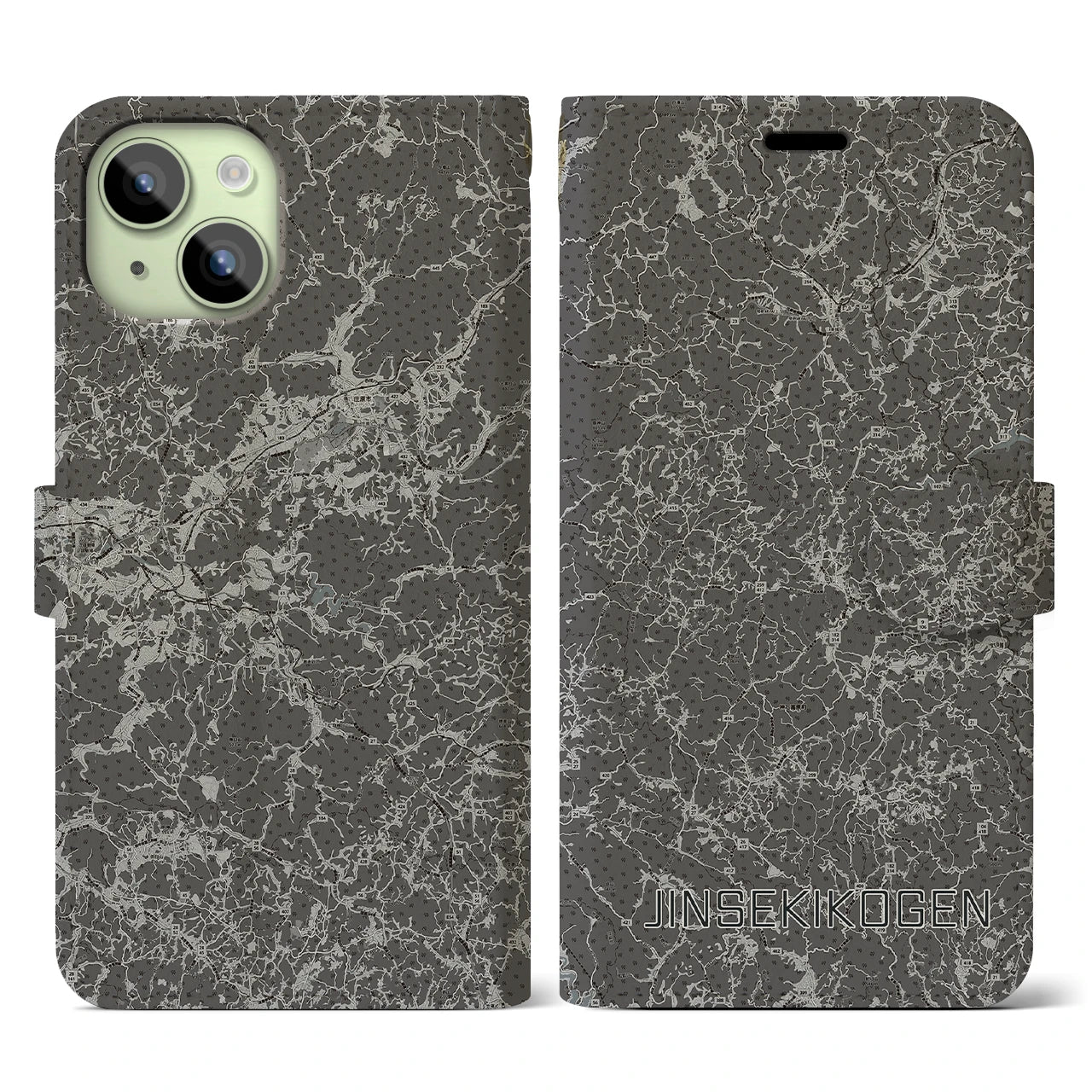 【神石高原(広島県)】地図柄iPhoneケース(手帳タイプ)モノトーン・iPhone 15 用