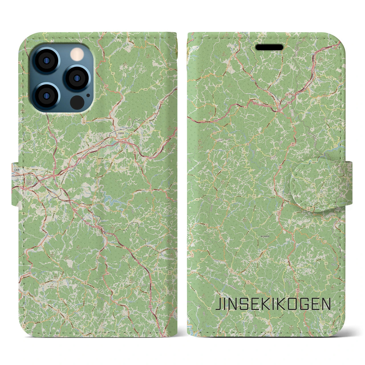 【神石高原(広島県)】地図柄iPhoneケース(手帳タイプ)ナチュラル・iPhone 12 / 12 Pro 用