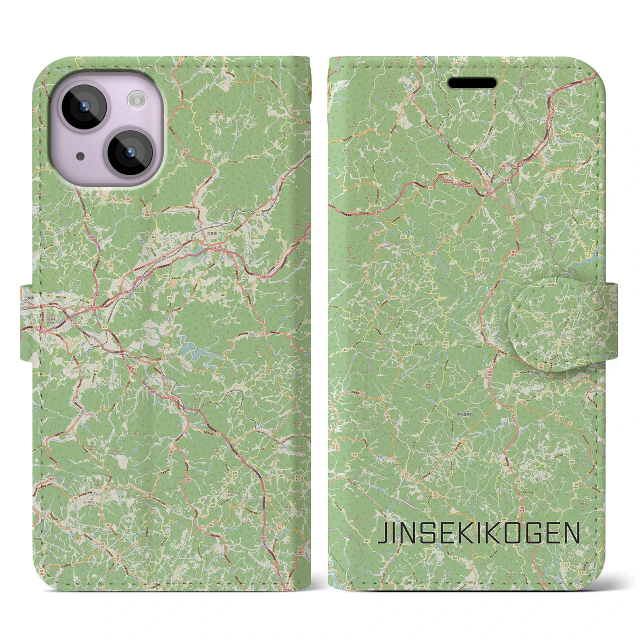 【神石高原(広島県)】地図柄iPhoneケース(手帳タイプ)ナチュラル・iPhone 14 用