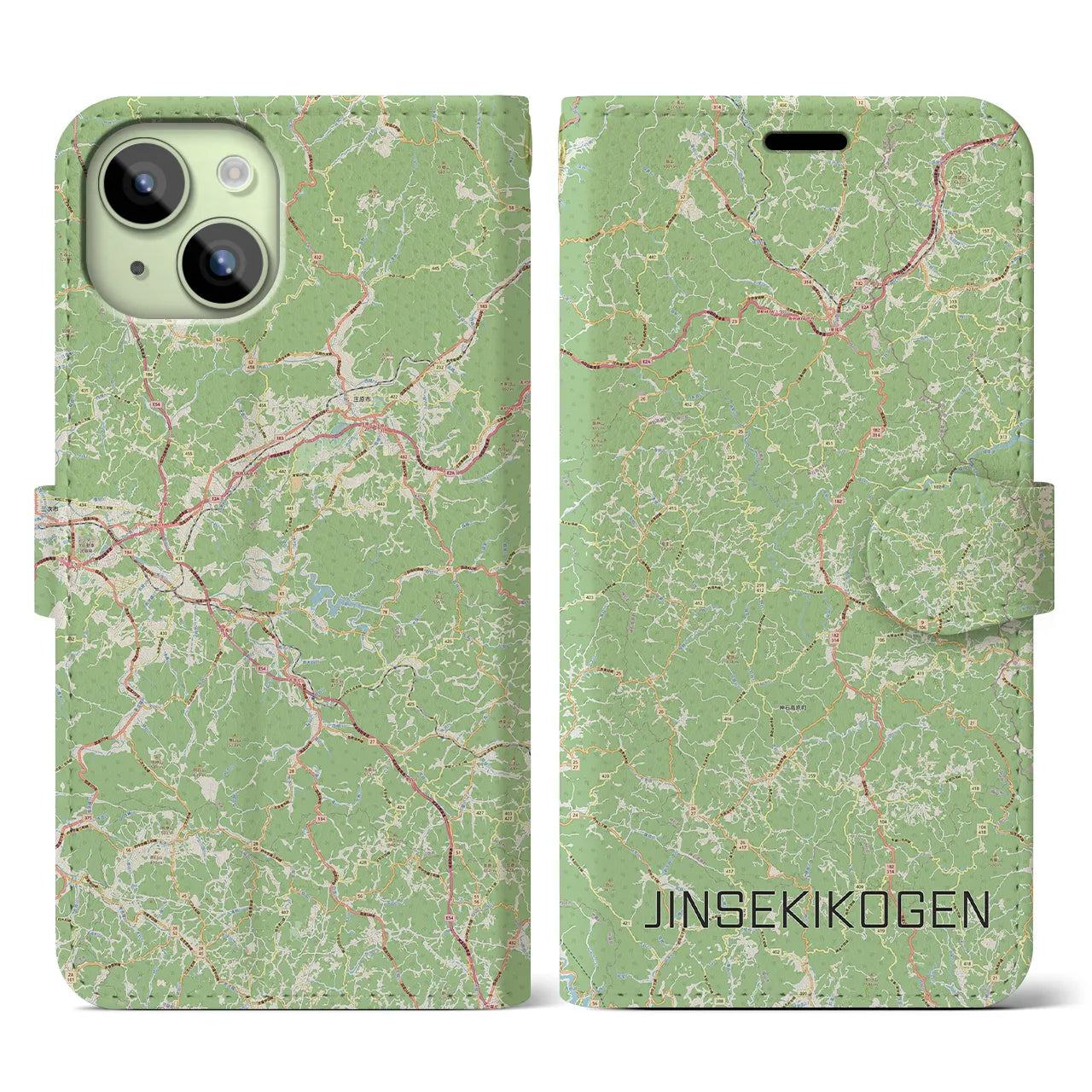 【神石高原(広島県)】地図柄iPhoneケース(手帳タイプ)ナチュラル・iPhone 15 用