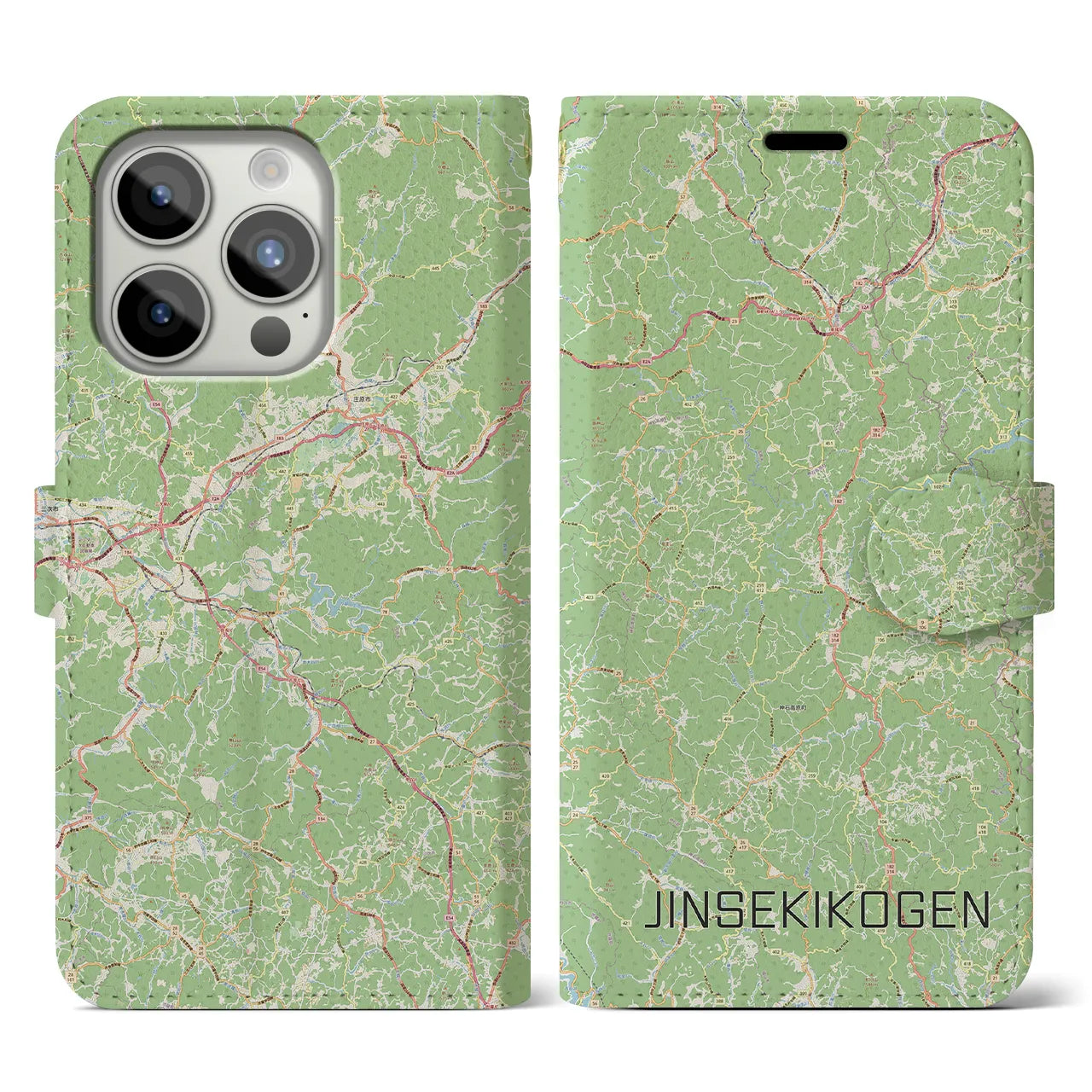 【神石高原(広島県)】地図柄iPhoneケース(手帳タイプ)ナチュラル・iPhone 15 Pro 用