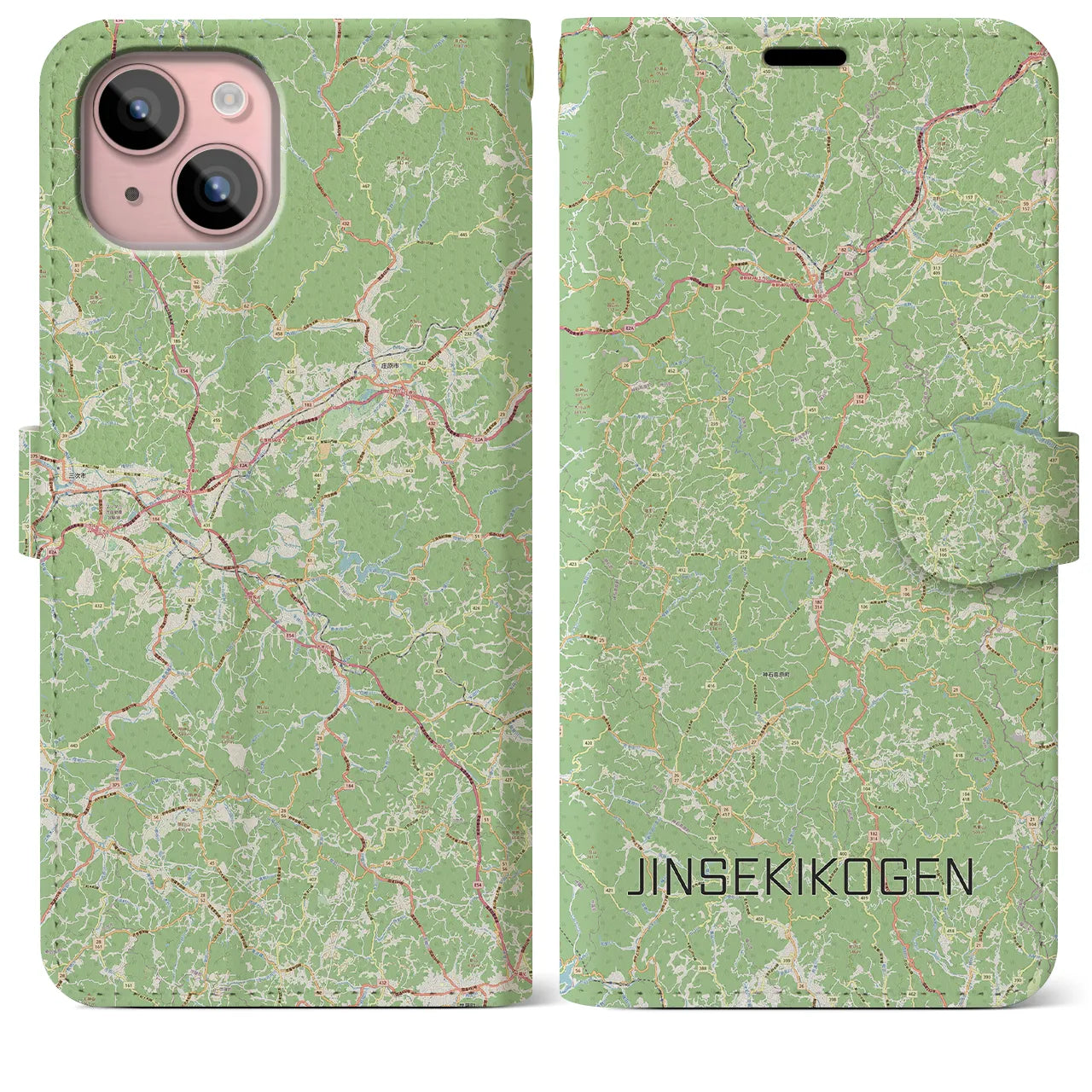 【神石高原(広島県)】地図柄iPhoneケース(手帳タイプ)ナチュラル・iPhone 15 Plus 用
