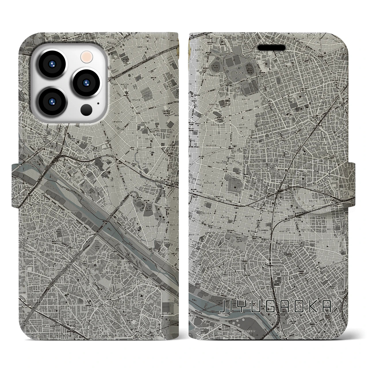 【自由が丘(東京都)】地図柄iPhoneケース(手帳タイプ)モノトーン・iPhone 13 Pro 用