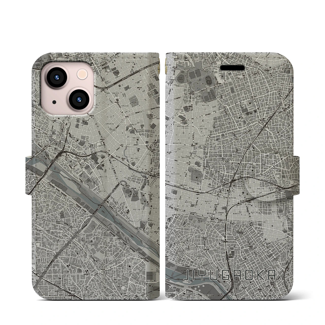 【自由が丘(東京都)】地図柄iPhoneケース(手帳タイプ)モノトーン・iPhone 13 mini 用