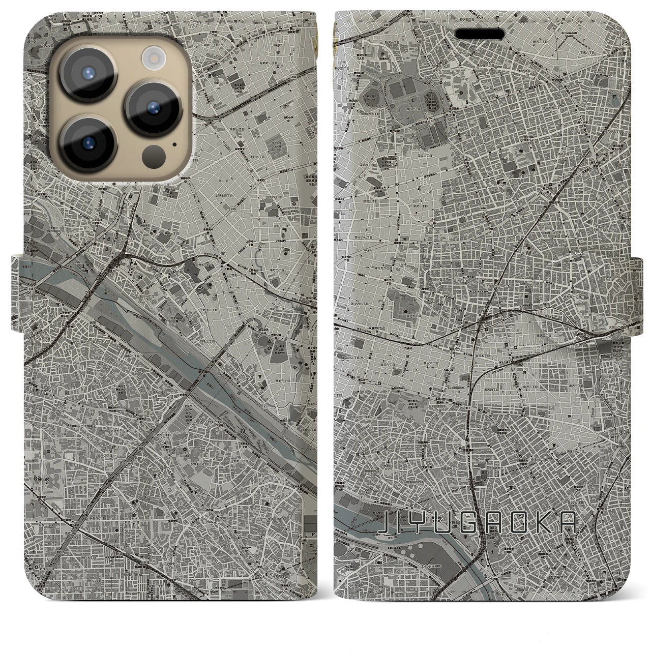 【自由が丘(東京都)】地図柄iPhoneケース(手帳タイプ)モノトーン・iPhone 14 Pro Max 用