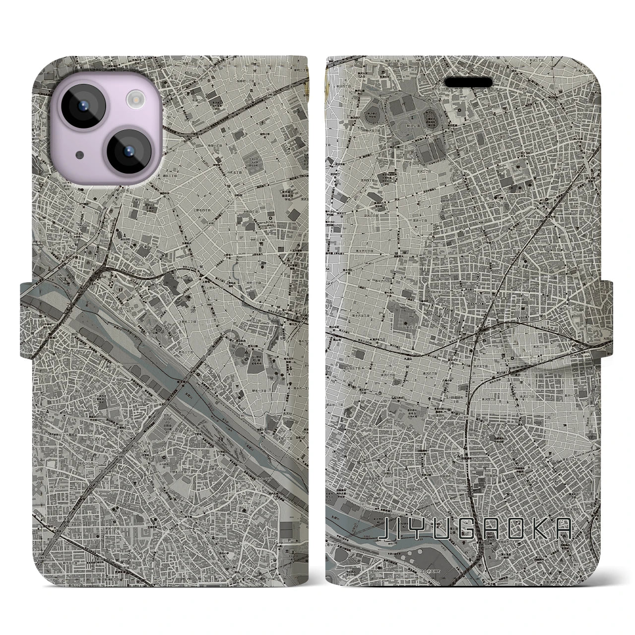 【自由が丘(東京都)】地図柄iPhoneケース(手帳タイプ)モノトーン・iPhone 14 用