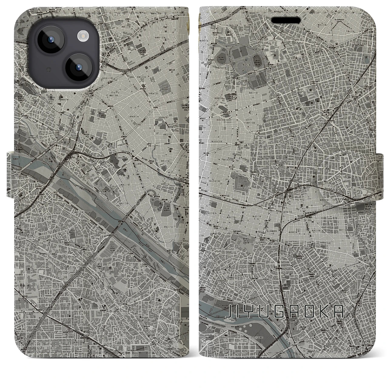 【自由が丘(東京都)】地図柄iPhoneケース(手帳タイプ)モノトーン・iPhone 14 Plus 用