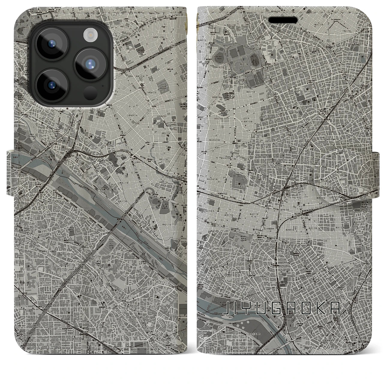 【自由が丘(東京都)】地図柄iPhoneケース(手帳タイプ)モノトーン・iPhone 15 Pro Max 用