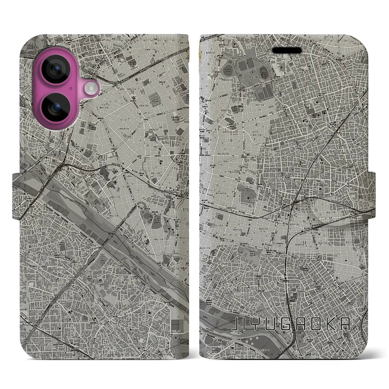 【自由が丘(東京都)】地図柄iPhoneケース(手帳タイプ)モノトーン・iPhone 16 Pro 用