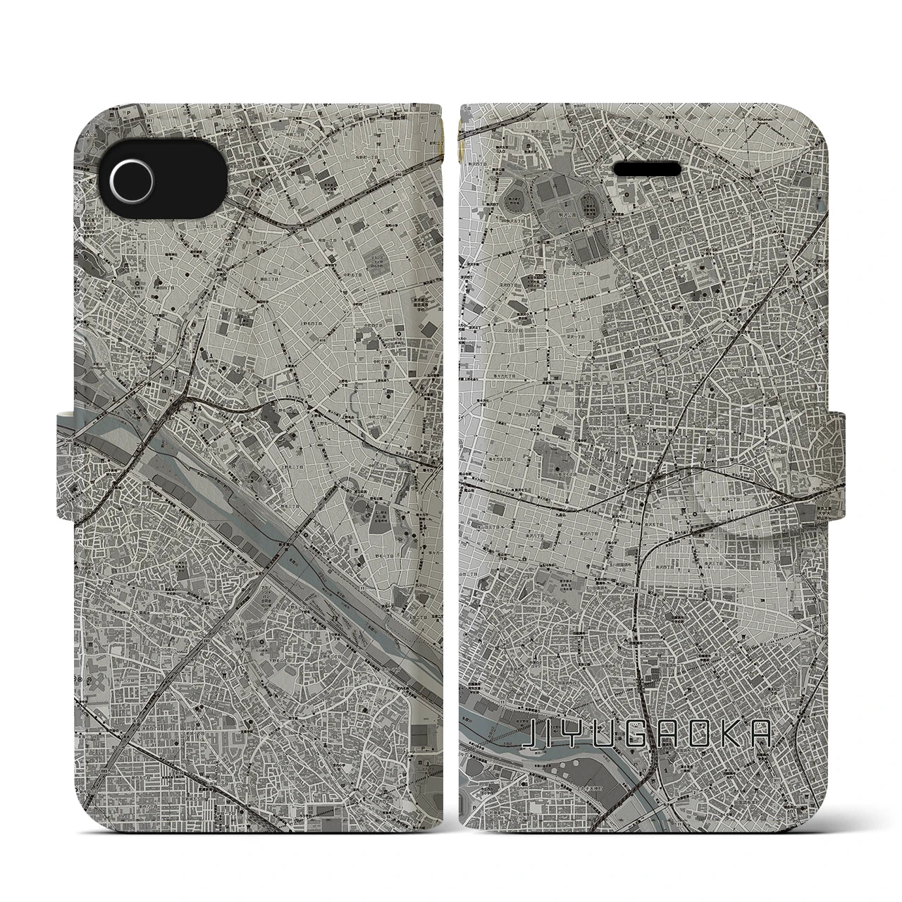 【自由が丘(東京都)】地図柄iPhoneケース(手帳タイプ)モノトーン・iPhone SE(第3 / 第2世代) / 8 / 7 / 6s / 6 用