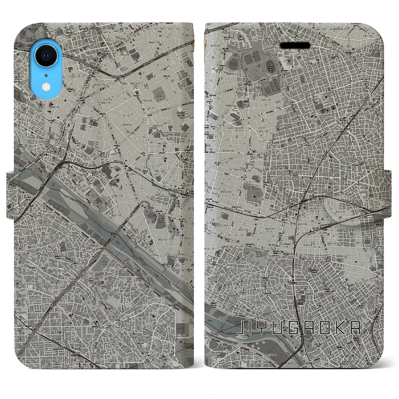 【自由が丘(東京都)】地図柄iPhoneケース(手帳タイプ)モノトーン・iPhone XR 用