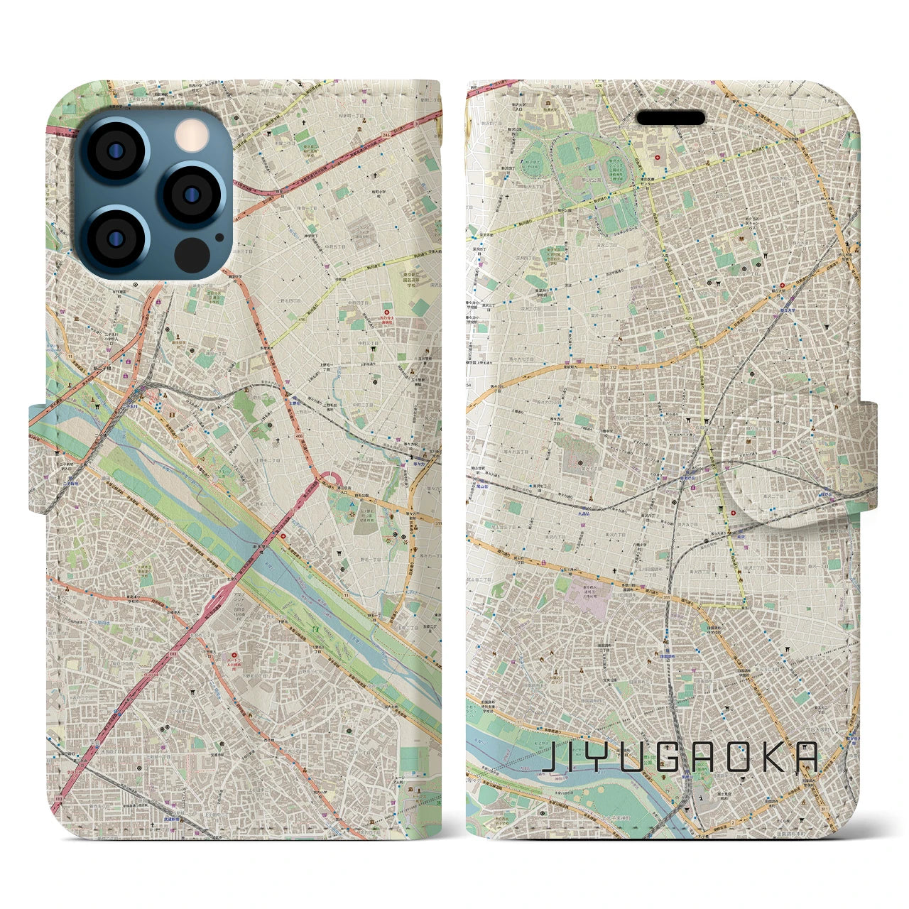 【自由が丘(東京都)】地図柄iPhoneケース(手帳タイプ)ナチュラル・iPhone 12 / 12 Pro 用