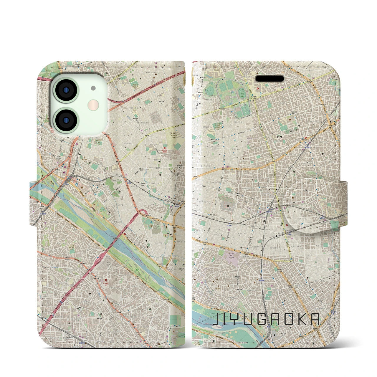 【自由が丘(東京都)】地図柄iPhoneケース(手帳タイプ)ナチュラル・iPhone 12 mini 用