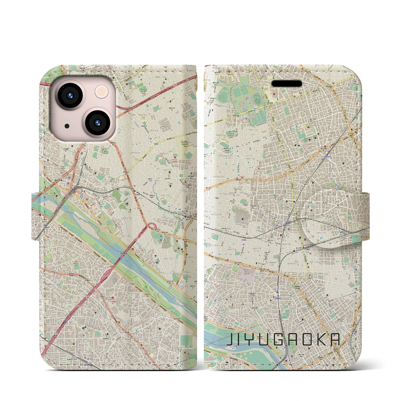 【自由が丘(東京都)】地図柄iPhoneケース(手帳タイプ)ナチュラル・iPhone 13 mini 用