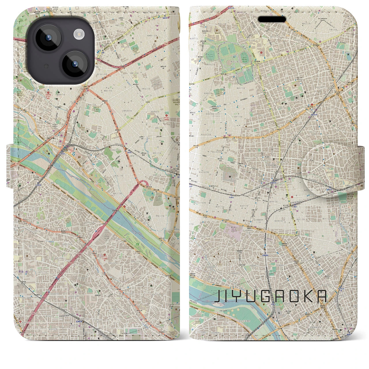 【自由が丘(東京都)】地図柄iPhoneケース(手帳タイプ)ナチュラル・iPhone 14 Plus 用