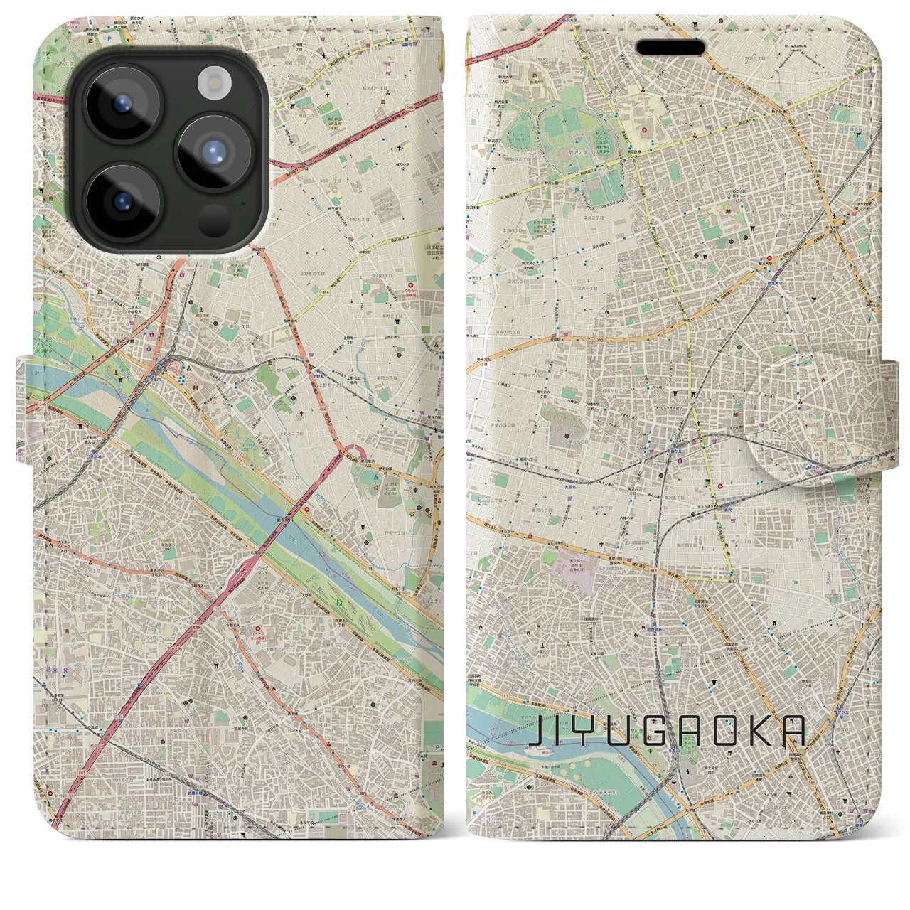 【自由が丘(東京都)】地図柄iPhoneケース(手帳タイプ)ナチュラル・iPhone 15 Pro Max 用