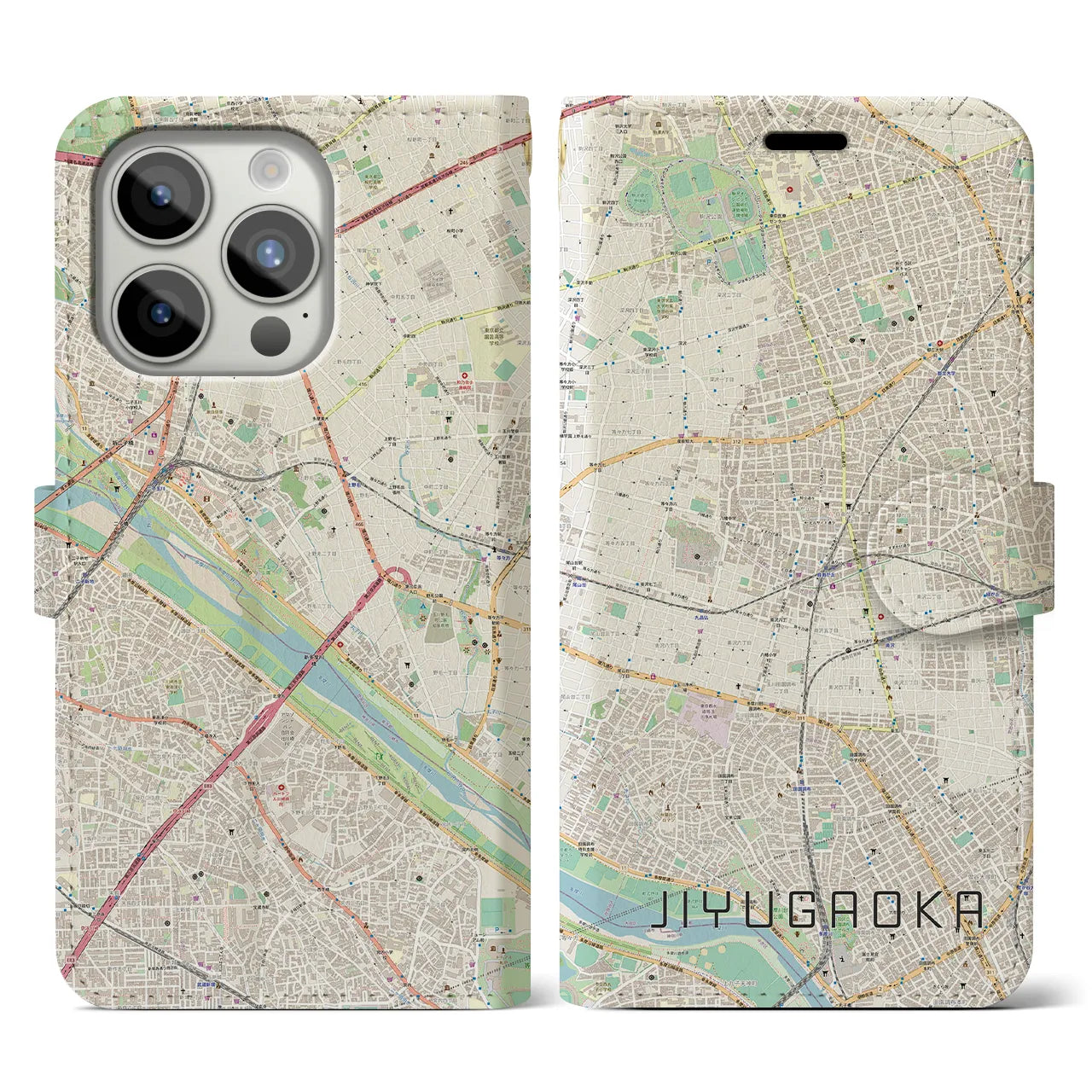 【自由が丘(東京都)】地図柄iPhoneケース(手帳タイプ)ナチュラル・iPhone 15 Pro 用