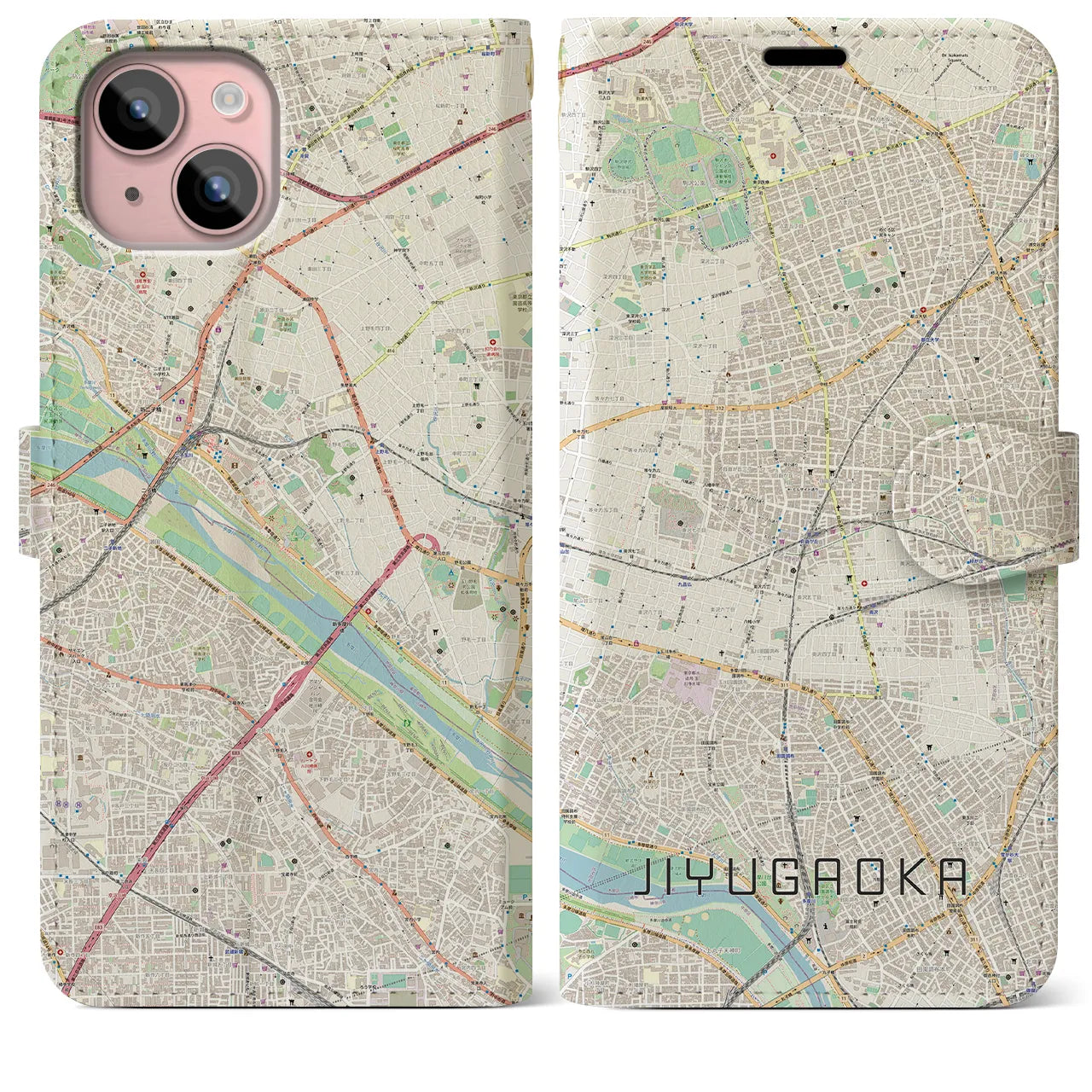 【自由が丘(東京都)】地図柄iPhoneケース(手帳タイプ)ナチュラル・iPhone 15 Plus 用