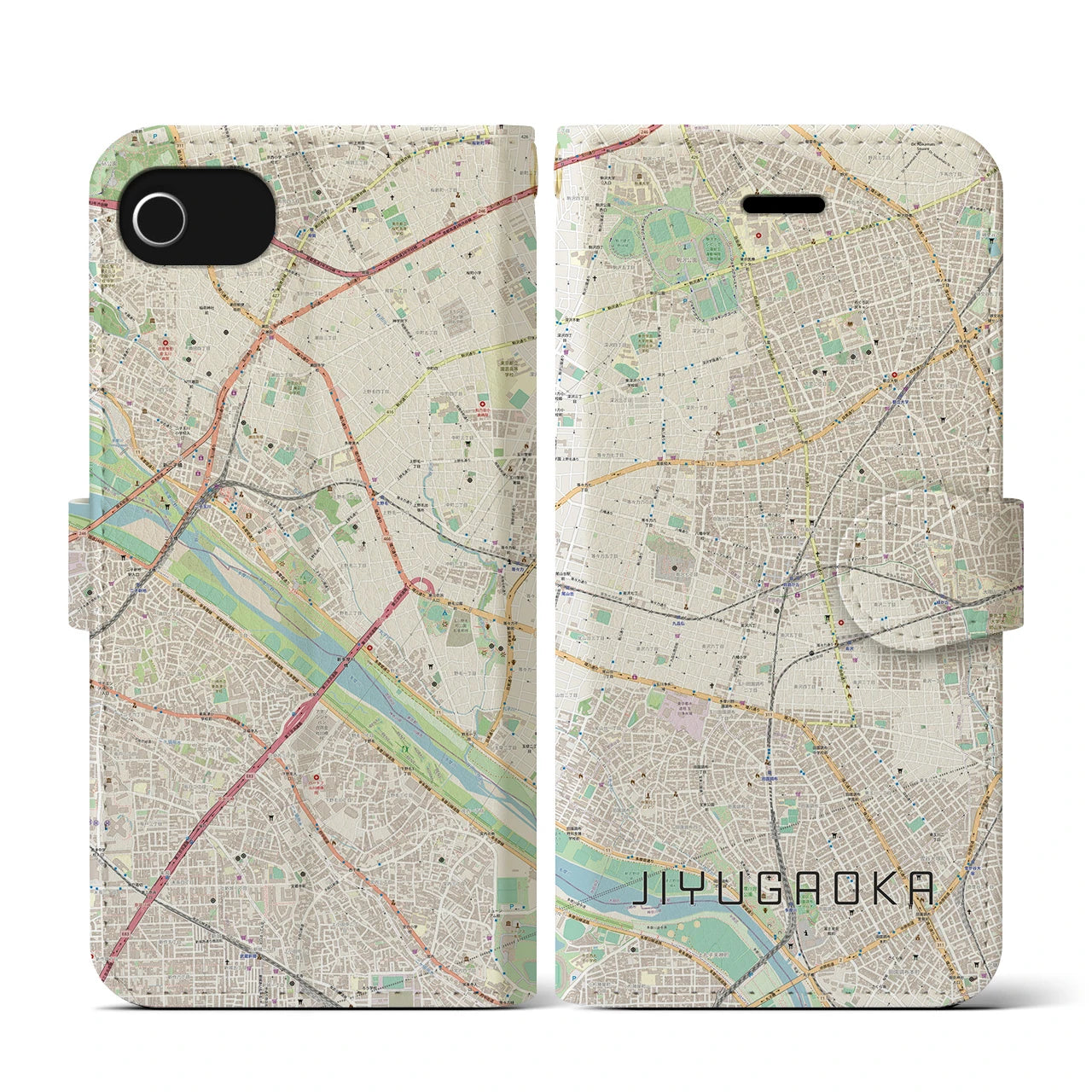 【自由が丘(東京都)】地図柄iPhoneケース(手帳タイプ)ナチュラル・iPhone SE(第3 / 第2世代) / 8 / 7 / 6s / 6 用