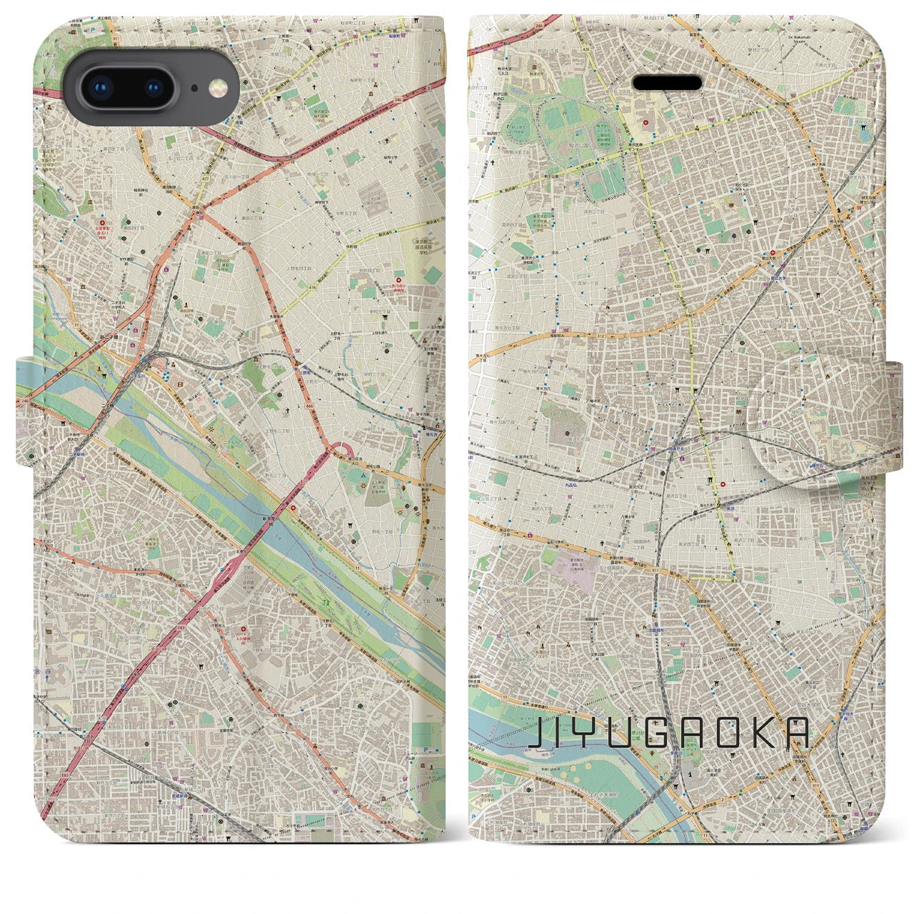 【自由が丘(東京都)】地図柄iPhoneケース(手帳タイプ)ナチュラル・iPhone 8Plus /7Plus / 6sPlus / 6Plus 用