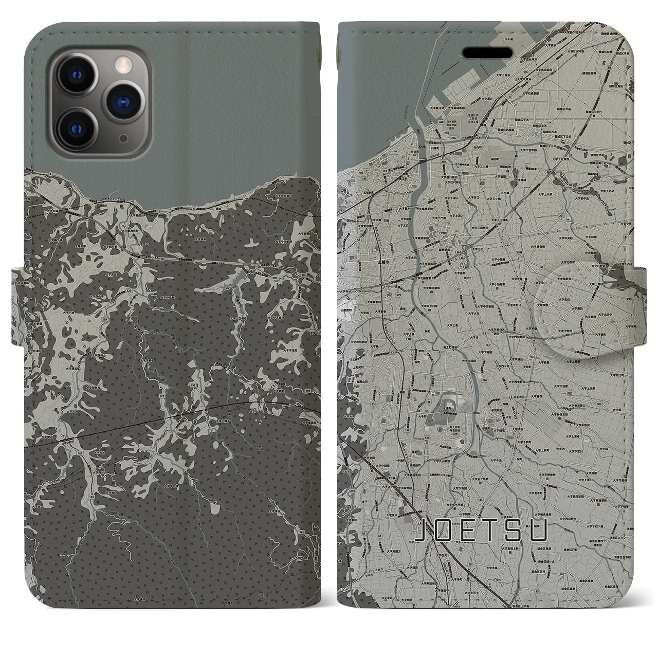 【上越(新潟県)】地図柄iPhoneケース(手帳タイプ)モノトーン・iPhone 11 Pro Max 用