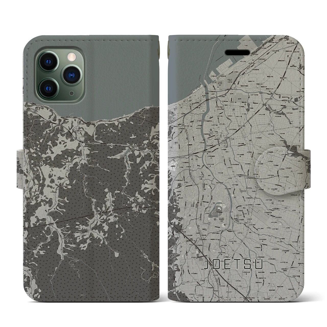 【上越(新潟県)】地図柄iPhoneケース(手帳タイプ)モノトーン・iPhone 11 Pro 用