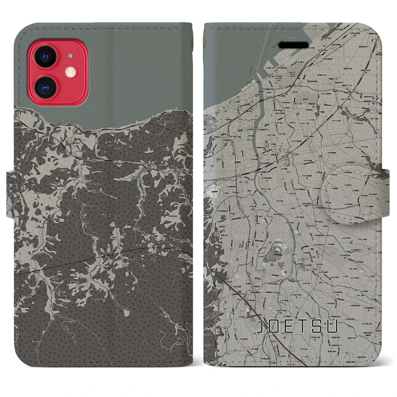 【上越(新潟県)】地図柄iPhoneケース(手帳タイプ)モノトーン・iPhone 11 用