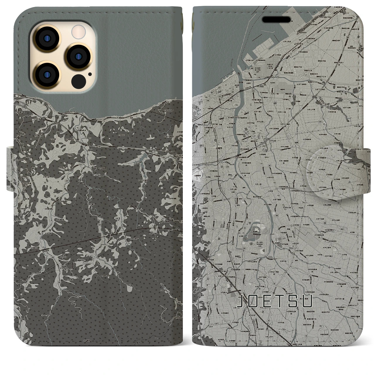 【上越(新潟県)】地図柄iPhoneケース(手帳タイプ)モノトーン・iPhone 12 Pro Max 用