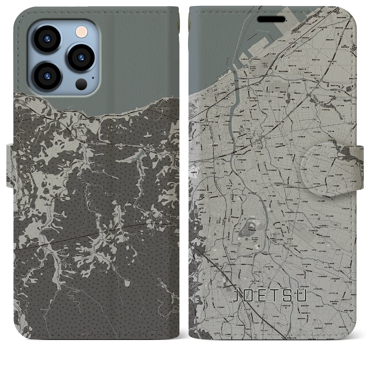 【上越(新潟県)】地図柄iPhoneケース(手帳タイプ)モノトーン・iPhone 13 Pro Max 用