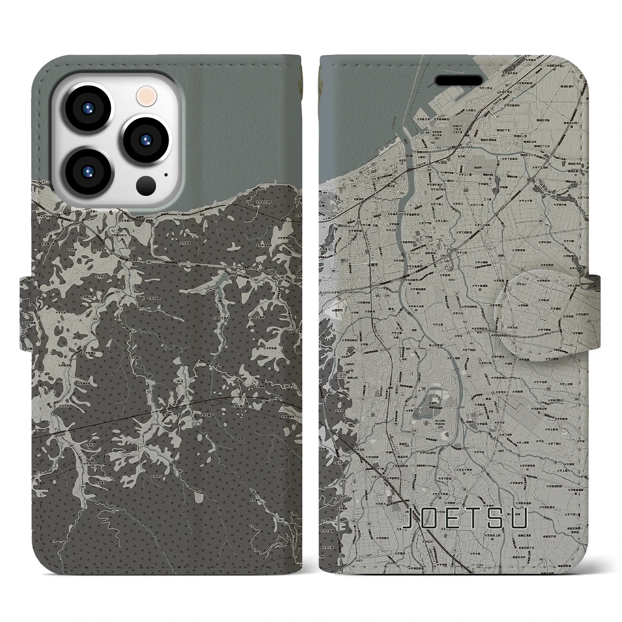 【上越(新潟県)】地図柄iPhoneケース(手帳タイプ)モノトーン・iPhone 13 Pro 用