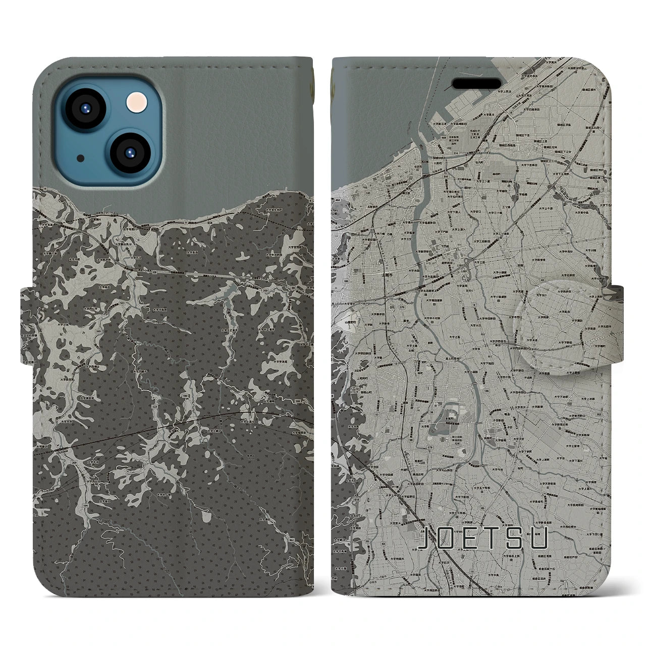 【上越(新潟県)】地図柄iPhoneケース(手帳タイプ)モノトーン・iPhone 13 用