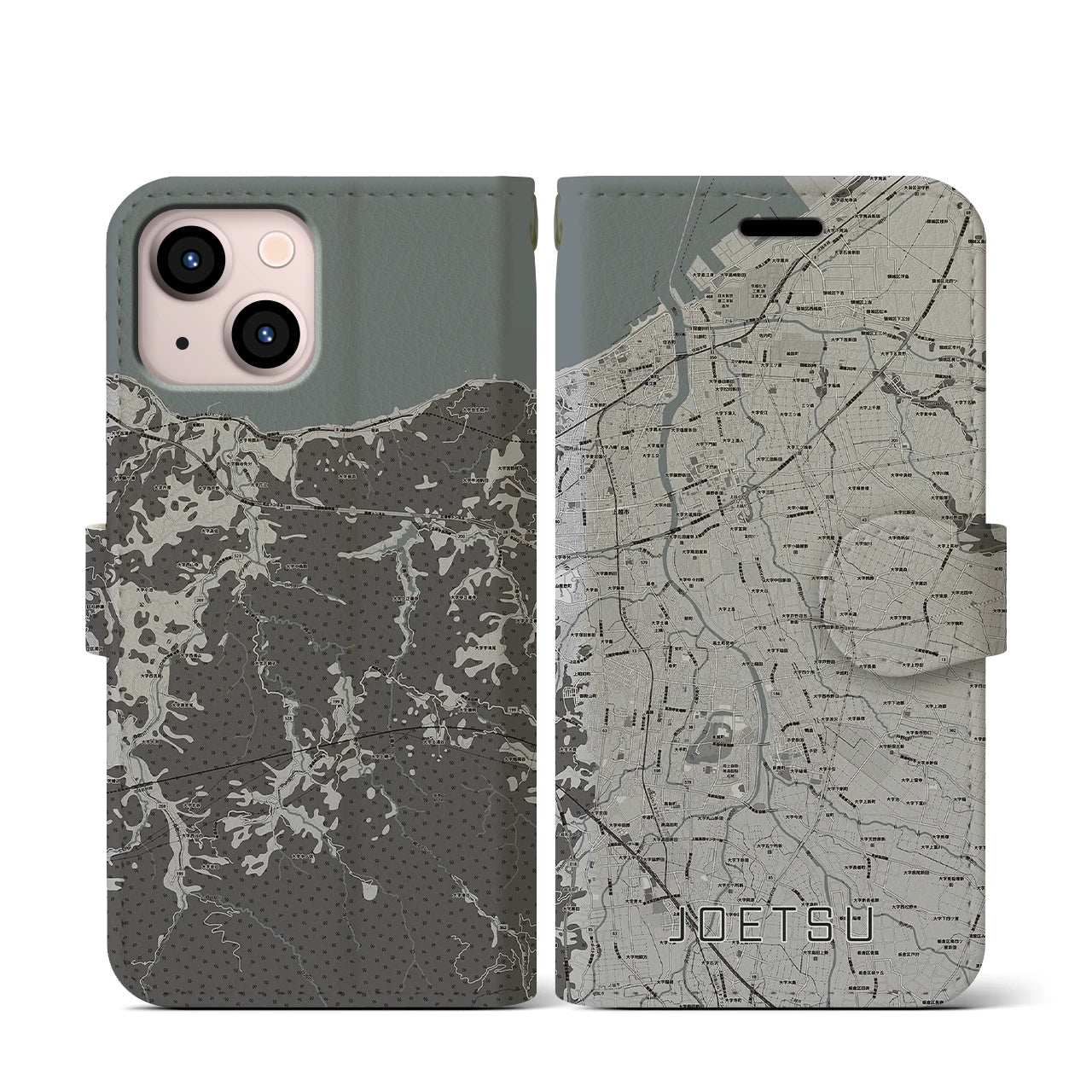 【上越(新潟県)】地図柄iPhoneケース(手帳タイプ)モノトーン・iPhone 13 mini 用