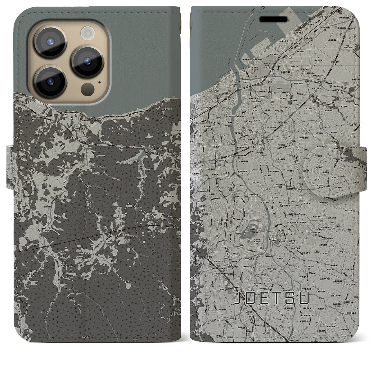 【上越(新潟県)】地図柄iPhoneケース(手帳タイプ)モノトーン・iPhone 14 Pro Max 用