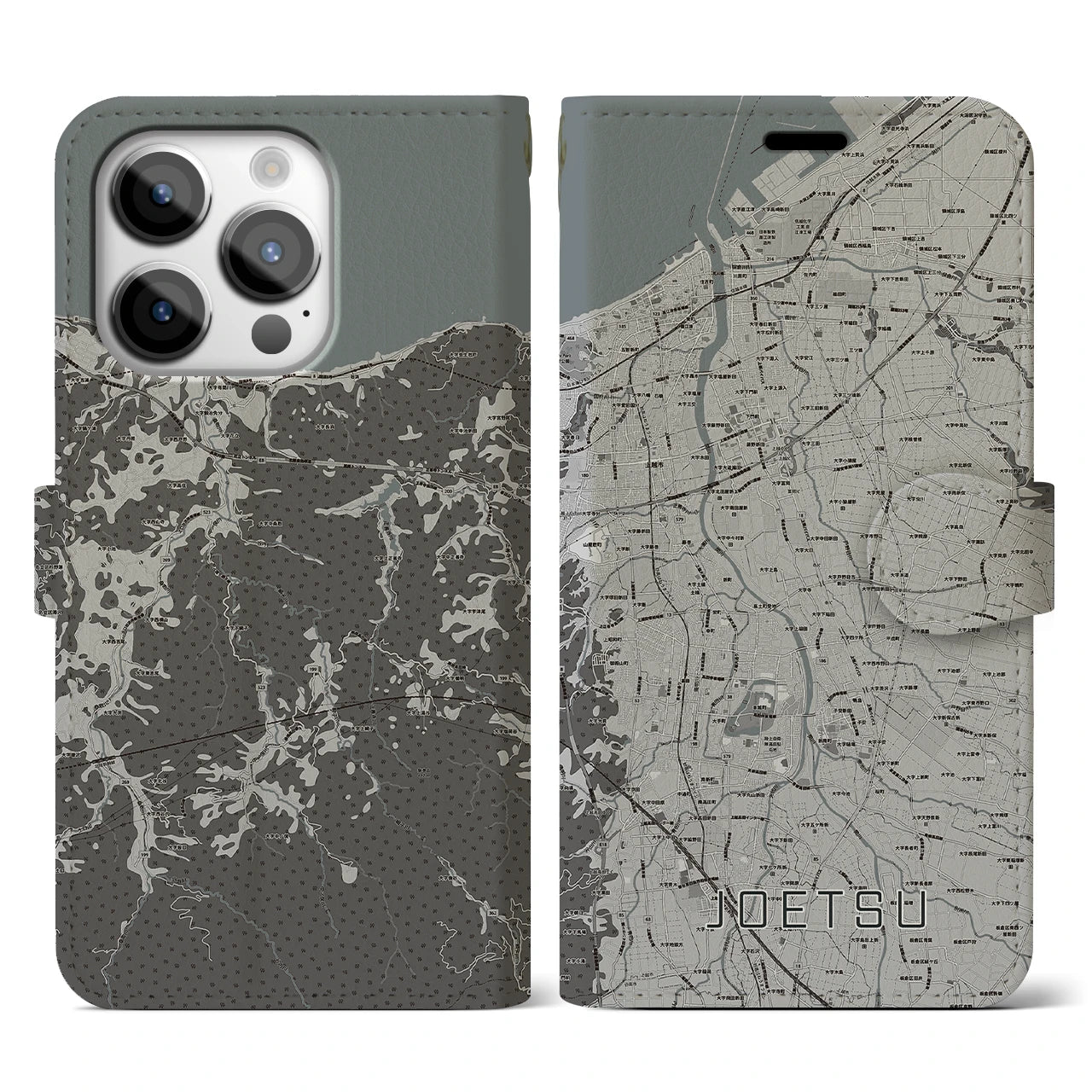 【上越(新潟県)】地図柄iPhoneケース(手帳タイプ)モノトーン・iPhone 14 Pro 用