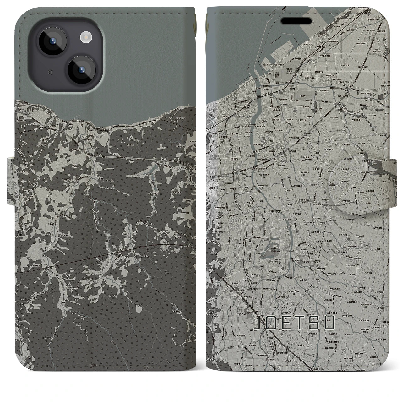 【上越(新潟県)】地図柄iPhoneケース(手帳タイプ)モノトーン・iPhone 14 Plus 用