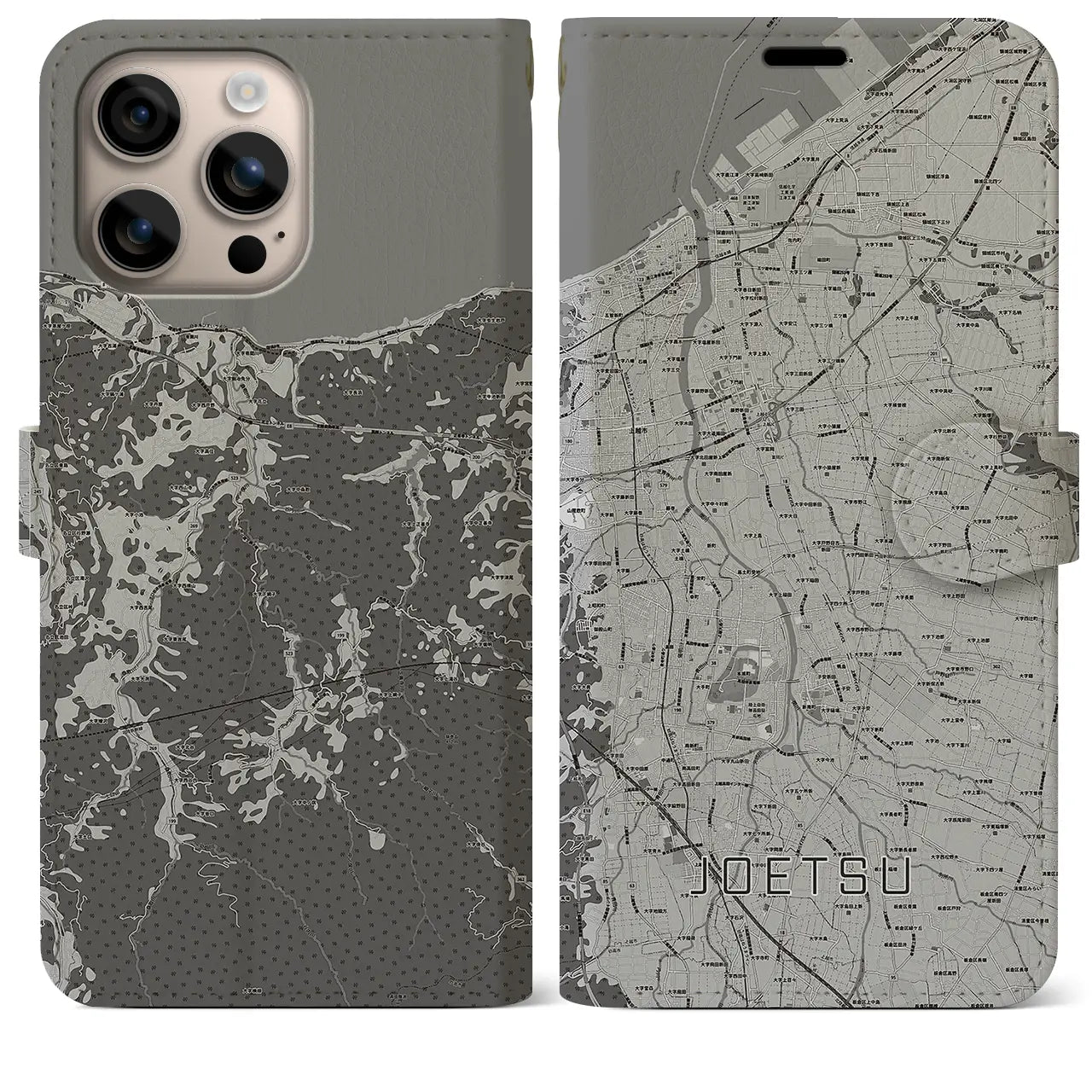 【上越(新潟県)】地図柄iPhoneケース(手帳タイプ)モノトーン・iPhone 16 Plus 用