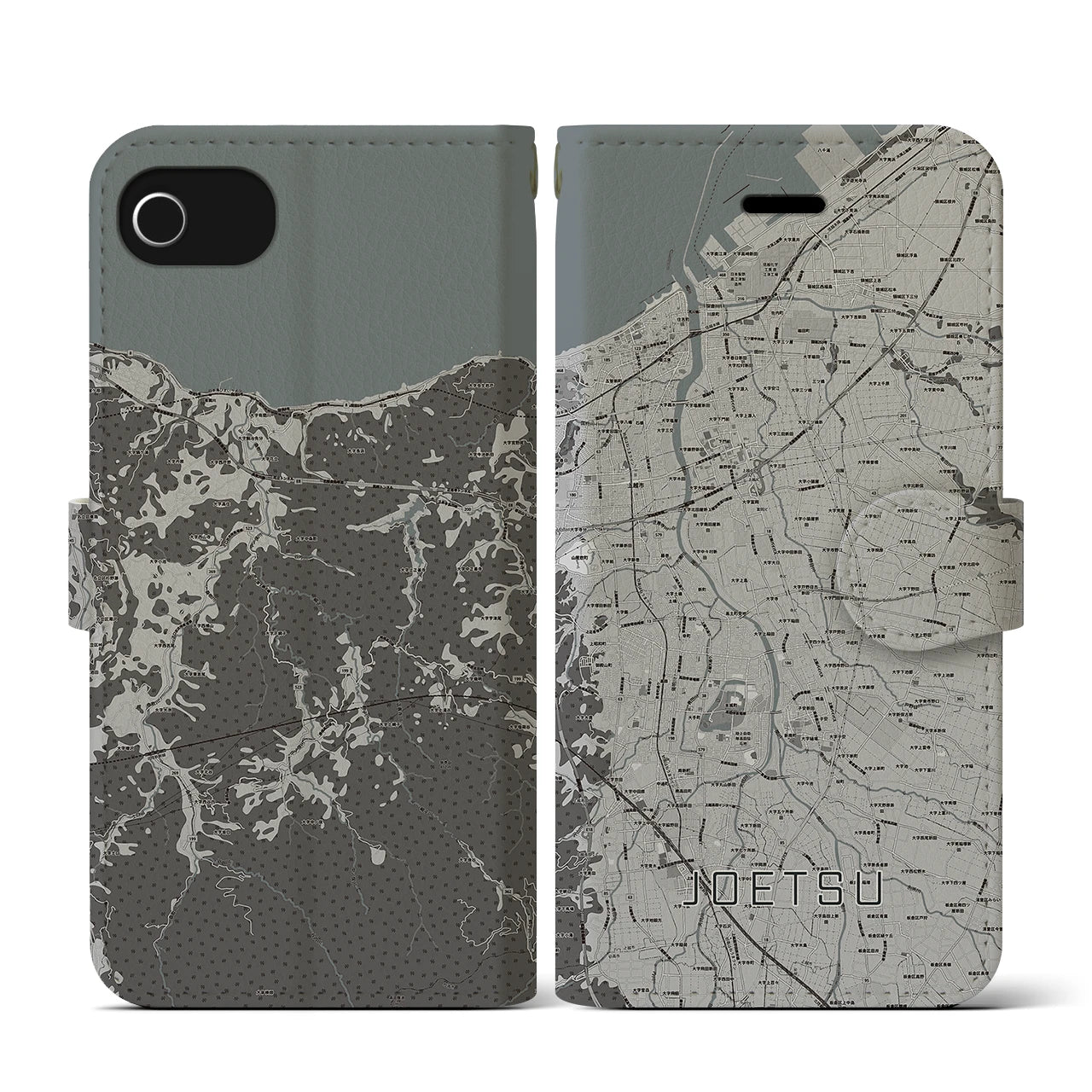 【上越(新潟県)】地図柄iPhoneケース(手帳タイプ)モノトーン・iPhone SE(第3 / 第2世代) / 8 / 7 / 6s / 6 用