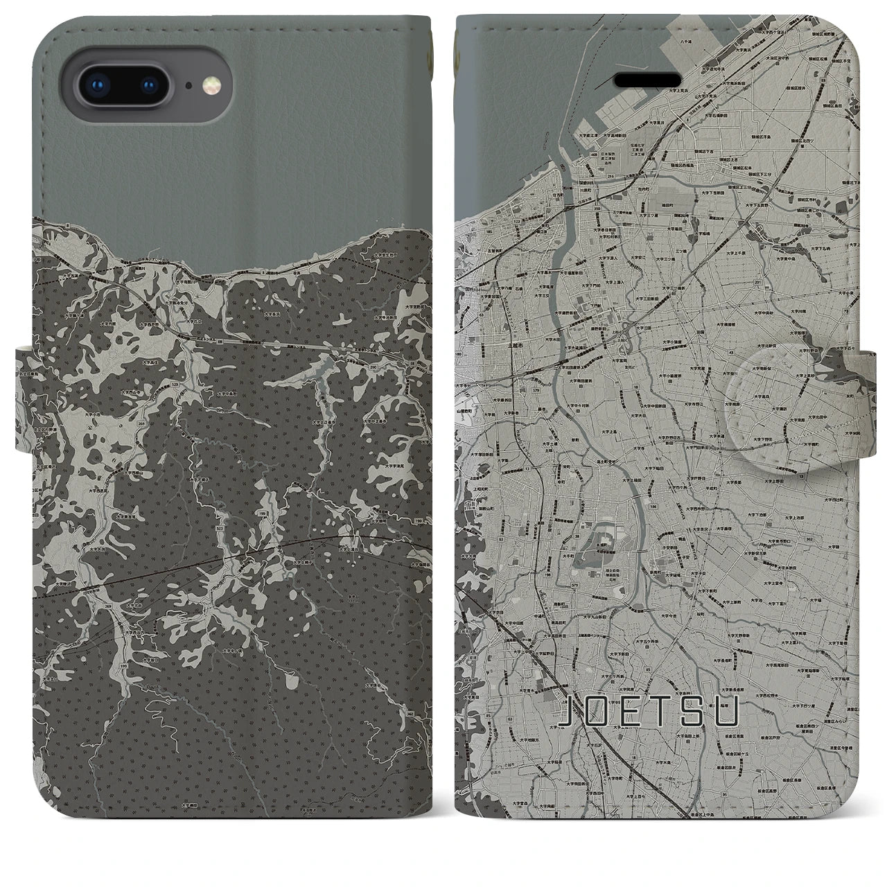 【上越(新潟県)】地図柄iPhoneケース(手帳タイプ)モノトーン・iPhone 8Plus /7Plus / 6sPlus / 6Plus 用