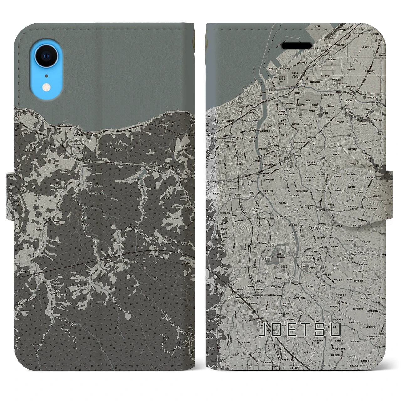 【上越(新潟県)】地図柄iPhoneケース(手帳タイプ)モノトーン・iPhone XR 用