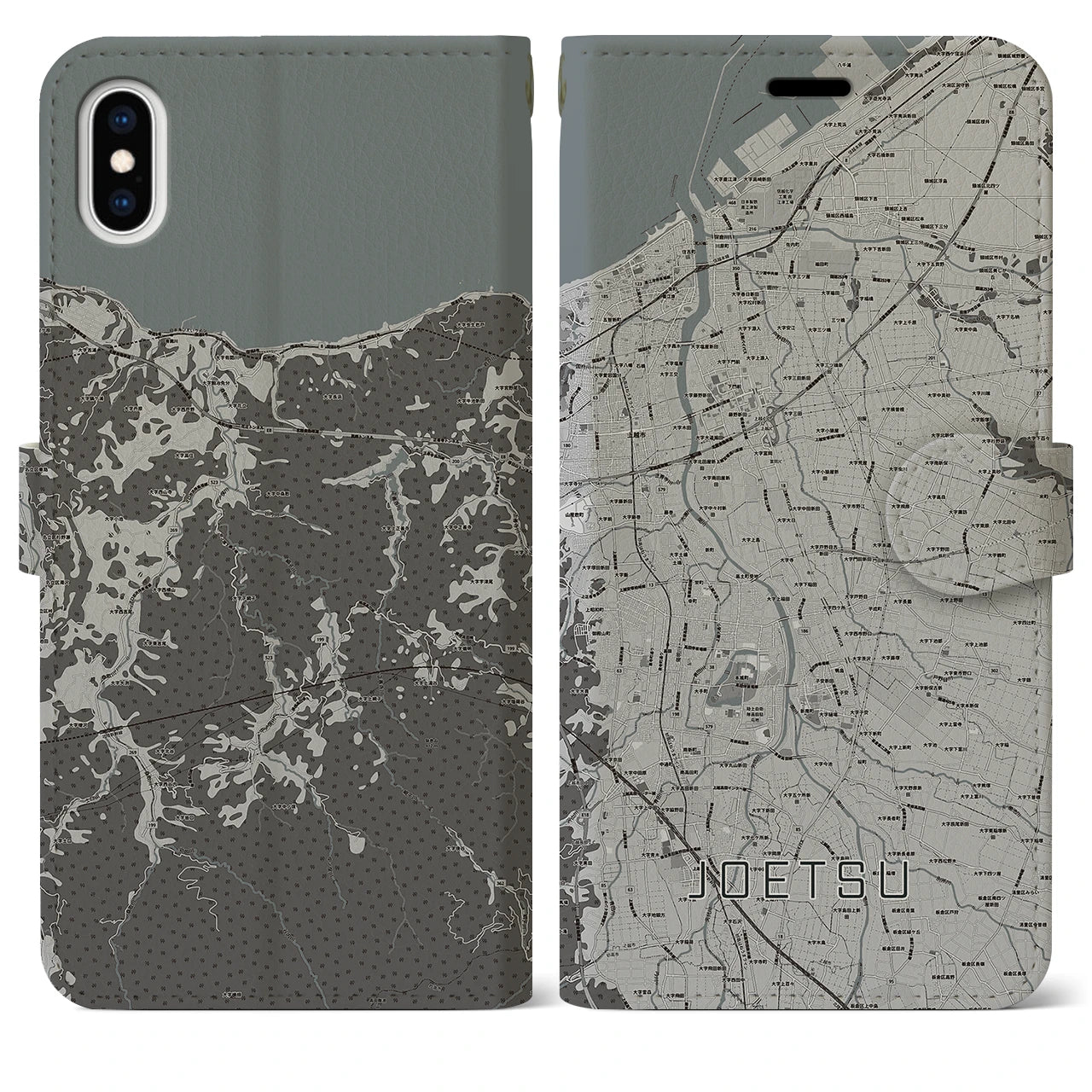 【上越(新潟県)】地図柄iPhoneケース(手帳タイプ)モノトーン・iPhone XS Max 用