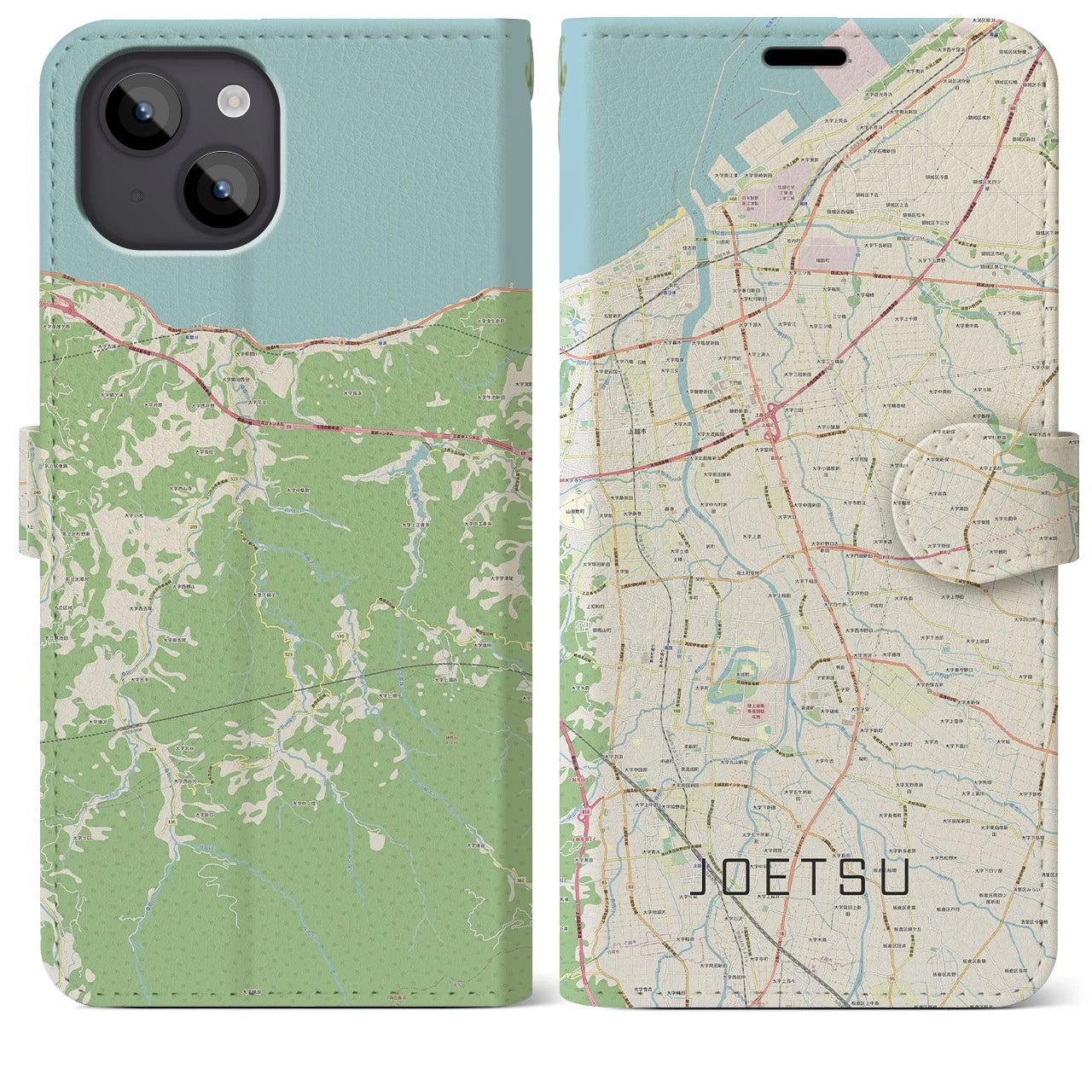 【上越(新潟県)】地図柄iPhoneケース(手帳タイプ)ナチュラル・iPhone 14 Plus 用