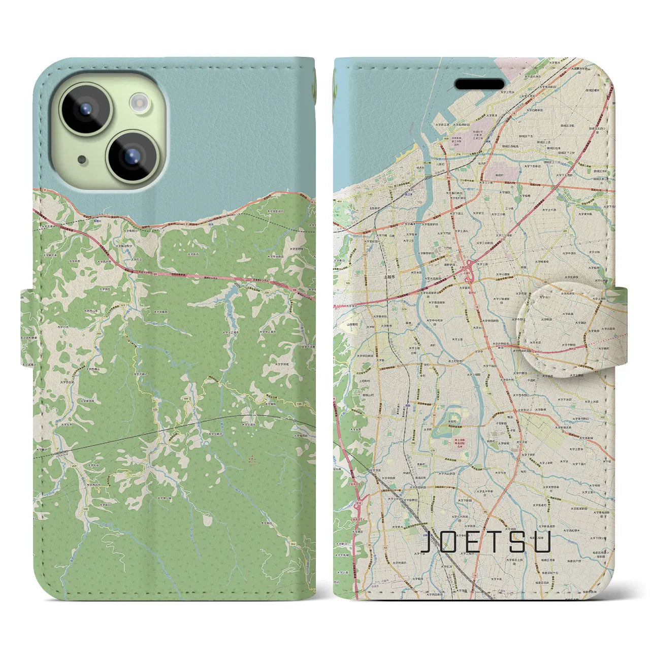 【上越(新潟県)】地図柄iPhoneケース(手帳タイプ)ナチュラル・iPhone 15 用