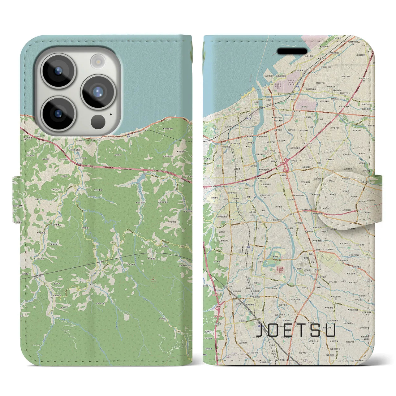 【上越(新潟県)】地図柄iPhoneケース(手帳タイプ)ナチュラル・iPhone 15 Pro 用