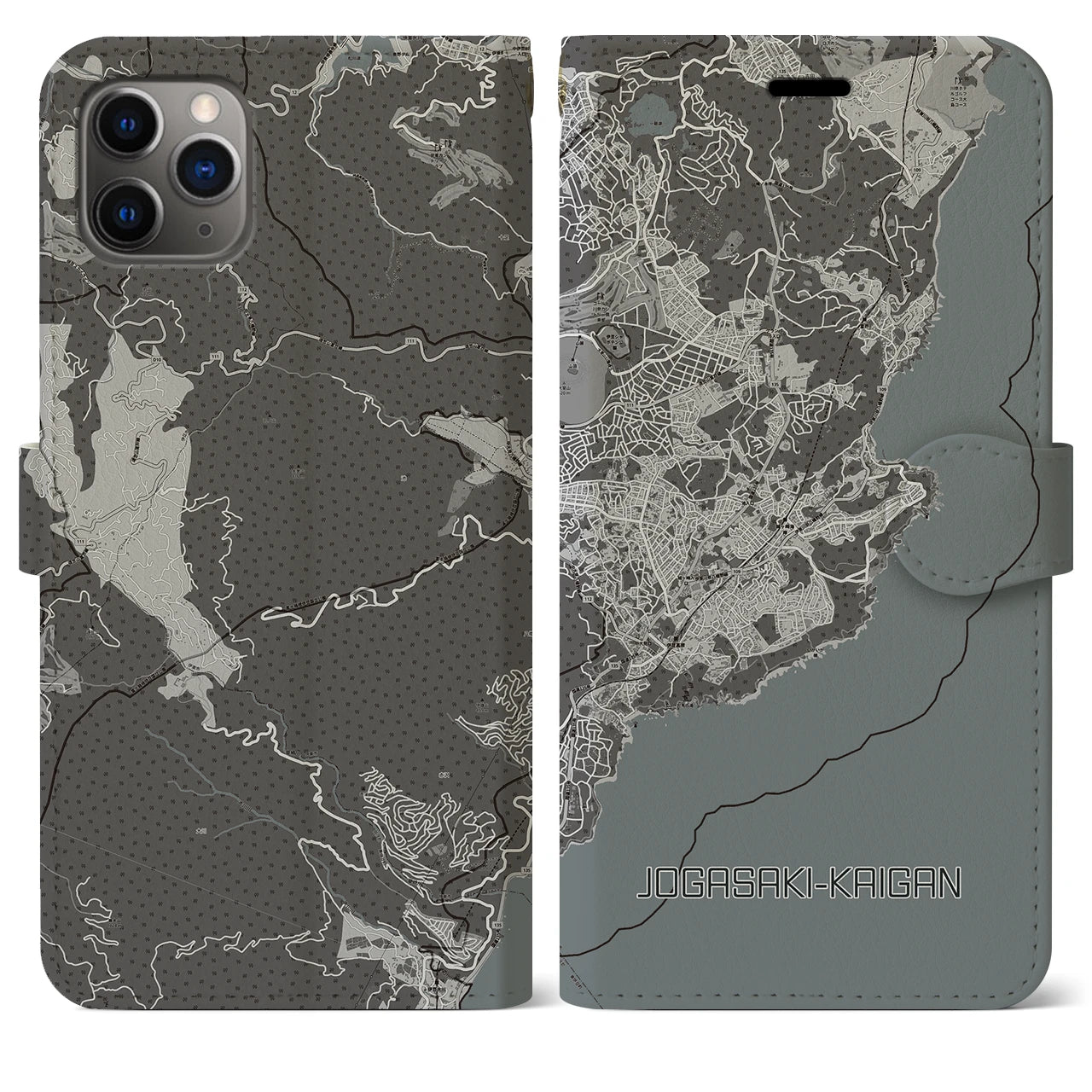 【城ヶ崎海岸(静岡県)】地図柄iPhoneケース(手帳タイプ)モノトーン・iPhone 11 Pro Max 用