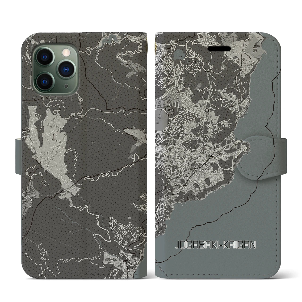 【城ヶ崎海岸(静岡県)】地図柄iPhoneケース(手帳タイプ)モノトーン・iPhone 11 Pro 用