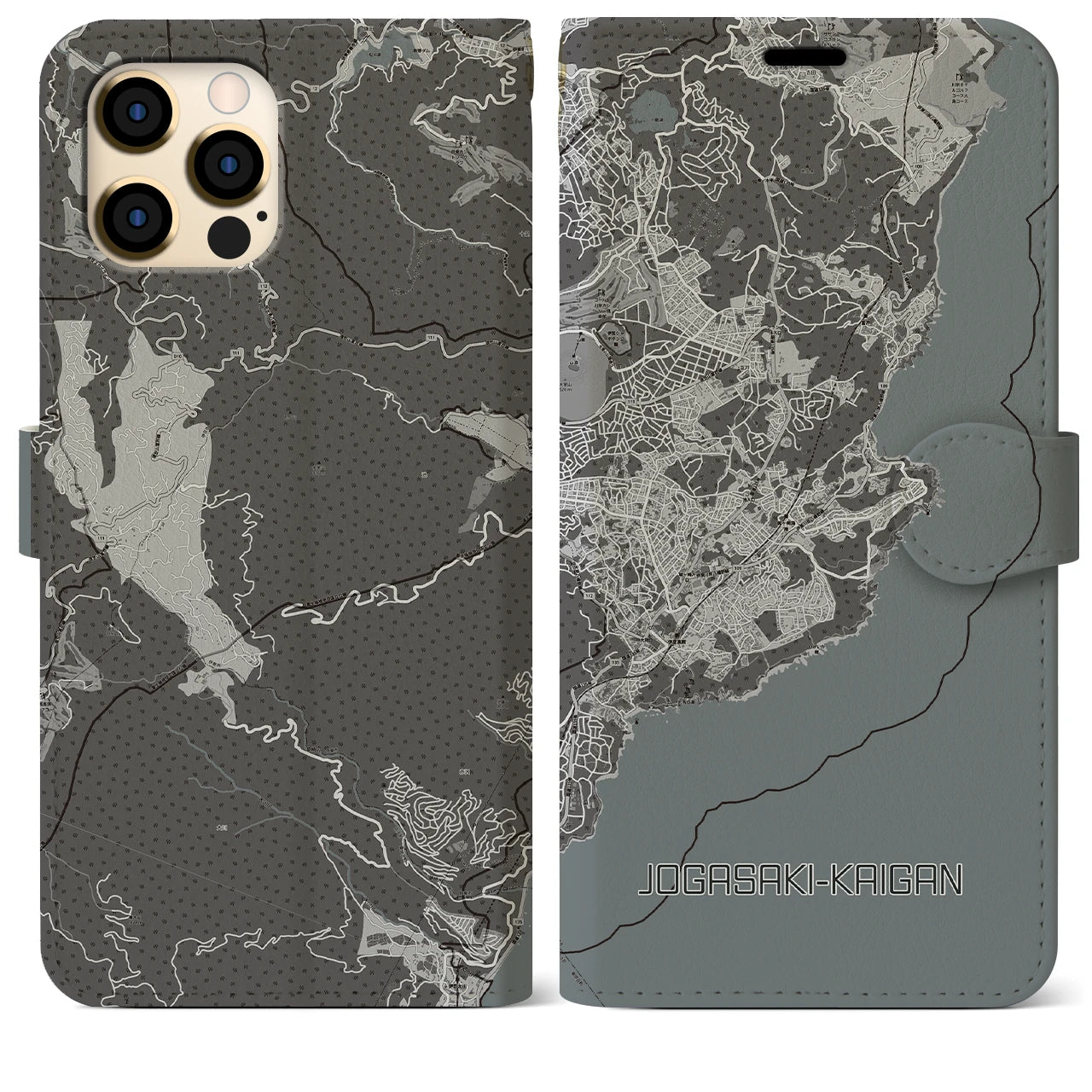 【城ヶ崎海岸(静岡県)】地図柄iPhoneケース(手帳タイプ)モノトーン・iPhone 12 Pro Max 用