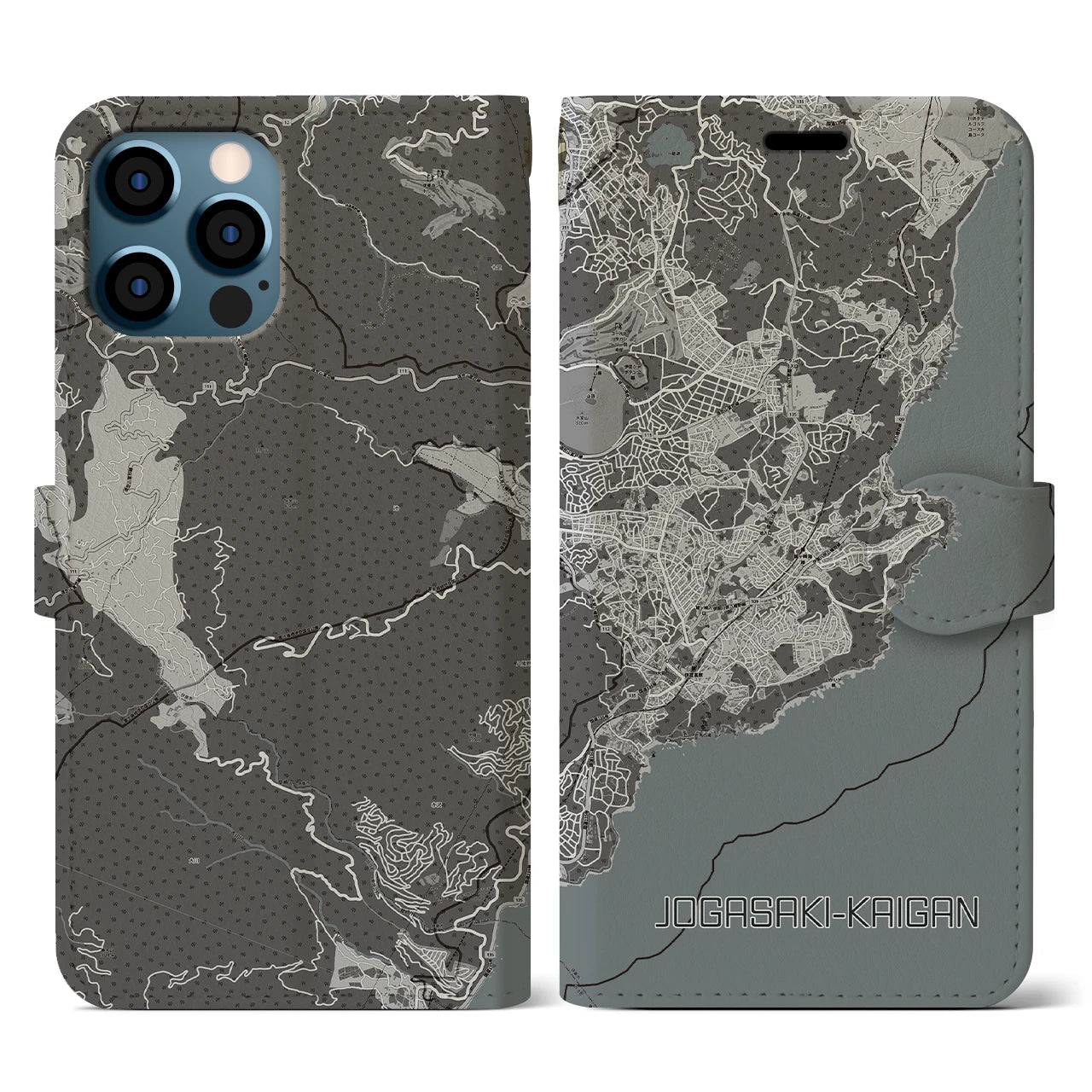 【城ヶ崎海岸(静岡県)】地図柄iPhoneケース(手帳タイプ)モノトーン・iPhone 12 / 12 Pro 用