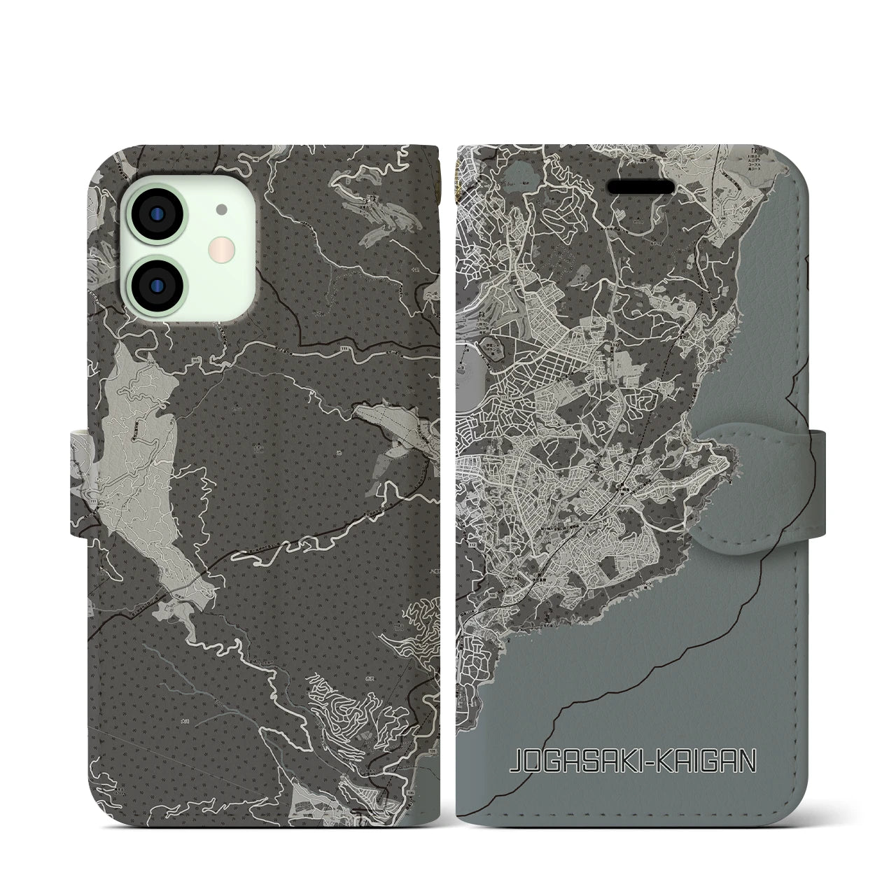 【城ヶ崎海岸(静岡県)】地図柄iPhoneケース(手帳タイプ)モノトーン・iPhone 12 mini 用