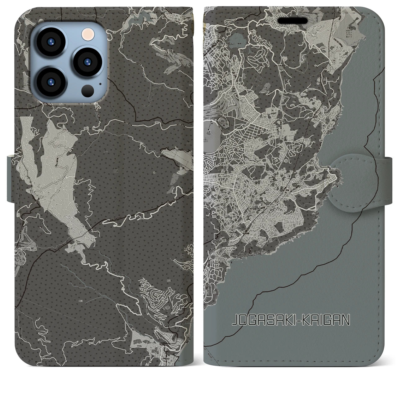 【城ヶ崎海岸(静岡県)】地図柄iPhoneケース(手帳タイプ)モノトーン・iPhone 13 Pro Max 用