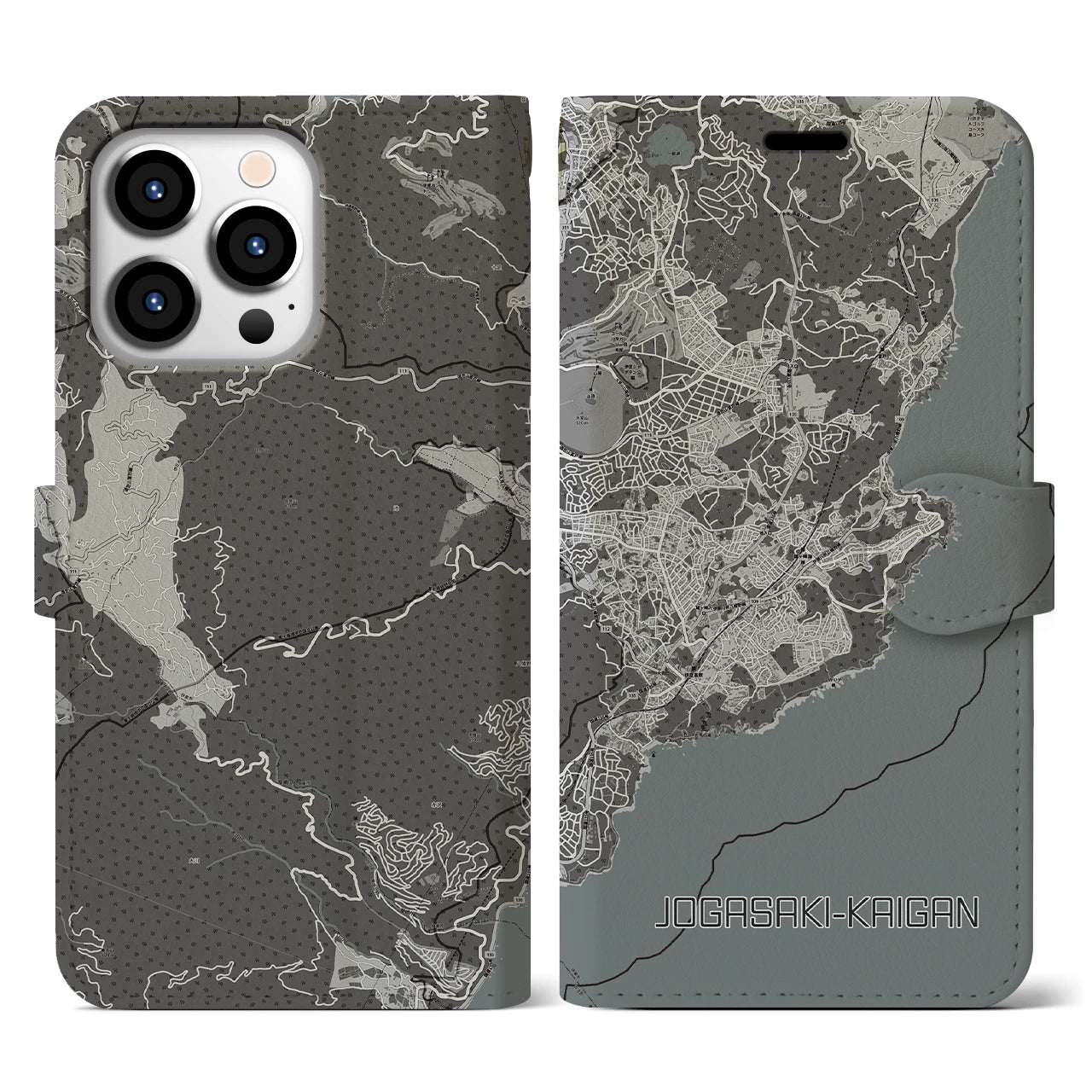 【城ヶ崎海岸(静岡県)】地図柄iPhoneケース(手帳タイプ)モノトーン・iPhone 13 Pro 用